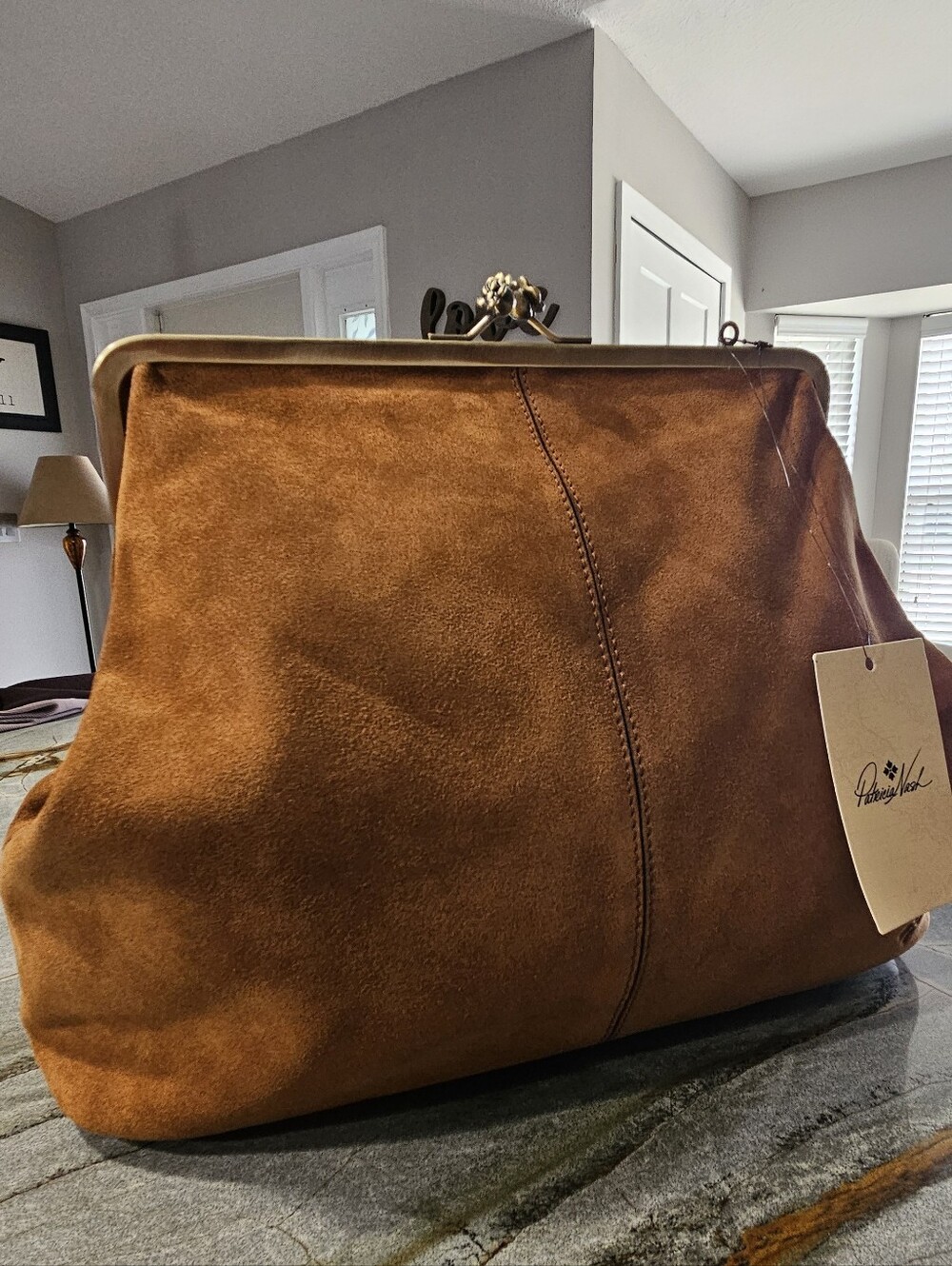 Patricia Nash Serafina Oversized Suede Kisslock Satchel Cognac NWT